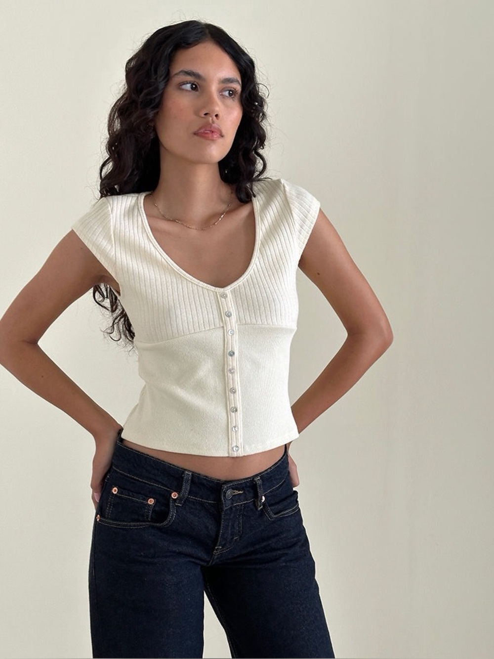 Motel Rocks Cream Ribbed Button Front Knit Top - Picture 2 of 7